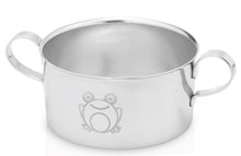 Load image into Gallery viewer, stainless steel baby bowl with two handles and frog engraving on the sides.