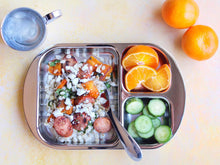 Load image into Gallery viewer, Baby stainless steel divided tray filled with sausage rice pilaf, orange slices, and cucumber slices, A Kiddobloom stainless steel baby cup is placed on the left side of the stainless steel baby tray.
