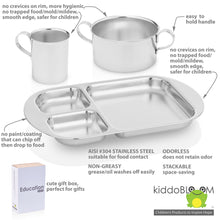 Load image into Gallery viewer, Safe for baby Kiddobloom stainless steel cup, stainless steel bowl, and stainless steel divided plate have smooth edge and shiny finish.