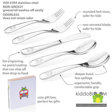 Load image into Gallery viewer, KIddobloom fire truck kids safe stainless steel utensils featuring rounded fork tines, deep spoon bowl, and a blunt butter knife. All edges are smooth. The utensil handles have fire truck engravings.