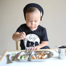 Load image into Gallery viewer, A toddler boy eats with a Kiddobloom kids safe stainless steel fork from a Kiddobloom kids safe stainless steel divided plate with toddler cup on the side.