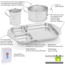 Load image into Gallery viewer, Stainless steel cup with handle, stainless steel bowl with handle, and divided plate features smooth edge and reflective finish.
