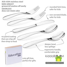 Load image into Gallery viewer, Montessori education stainless steel silverware set for kids and toddlers. They have smooth  or rounded  edge without sharp point or edge.
