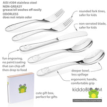 Load image into Gallery viewer, Safe for kids and toddlers stainless steel utensil set with smooth edge, without sharp edge or sharp point . The set consists of two kids forks, two kids spoons, and a stainless steel butter knife or spreader. Mirror finish. Frog engravings. Ecofriendly giftbox.

