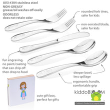 Load image into Gallery viewer, Features of safe stainless steel utensils for kids and toddlers: smooth edge, no sharp edge, no sharp point 
