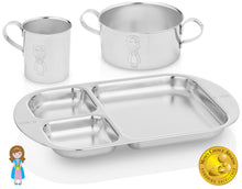 Load image into Gallery viewer, Stainless steel baby cup, stainless steel baby bowl, and stainless steel baby divided plate with princess engraving.

