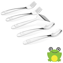 Load image into Gallery viewer, Safe stainless steel utensils for baby and toddler in frog model. Each set contains  two baby spoons, two baby forks,  and a baby food pusher.
