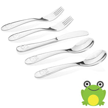 Load image into Gallery viewer, Stainless steel flatware set for kids consists of two kids forks, two kids spoons, and a butter knife. They are made from mirror polished stainless steel 304 or 18/8 with smooth edges that are safe for kids. Frog engravings on the handles.
